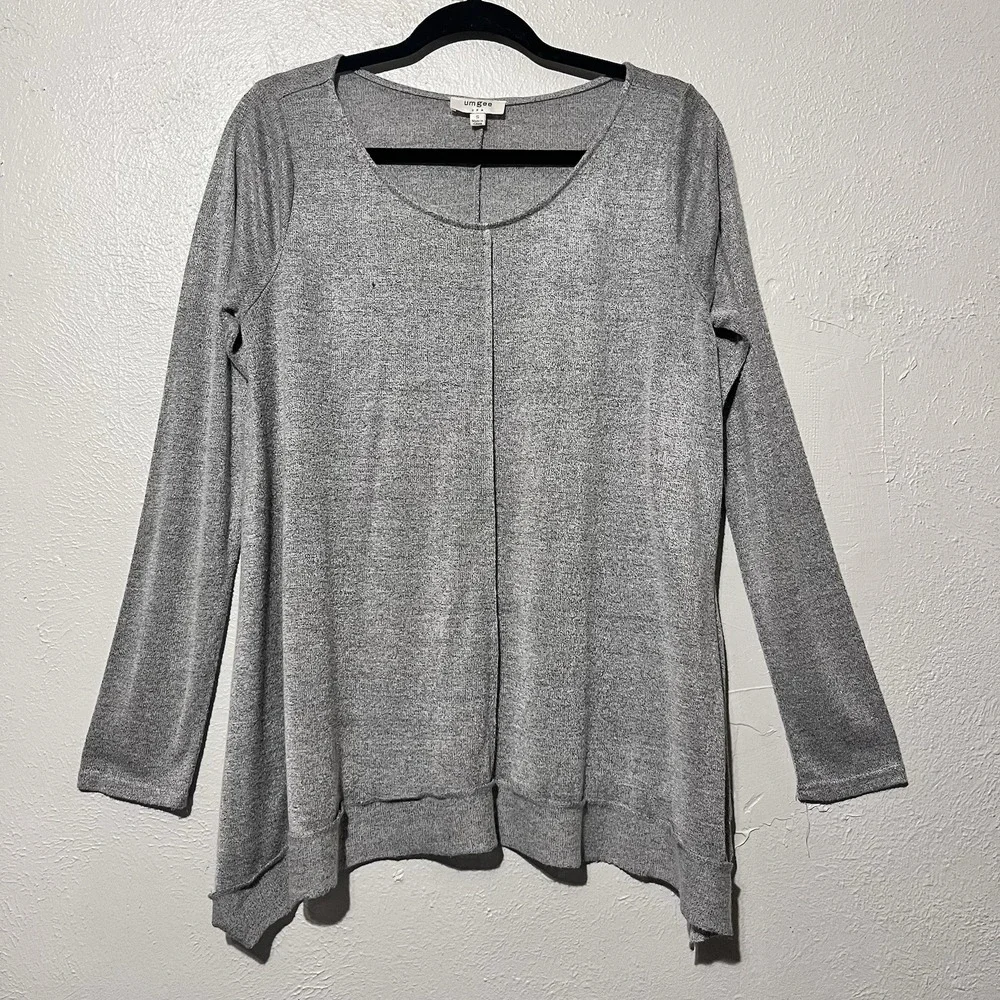 Umgee USA Distress Gray Long Sleeve Oversize Pullover‎ Tunic Blouse Size S